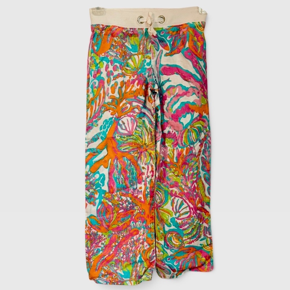 Lilly Pulitzer Linen Pants Girls Size M 6-7 Coral Print Preppy Beach Summer Kids